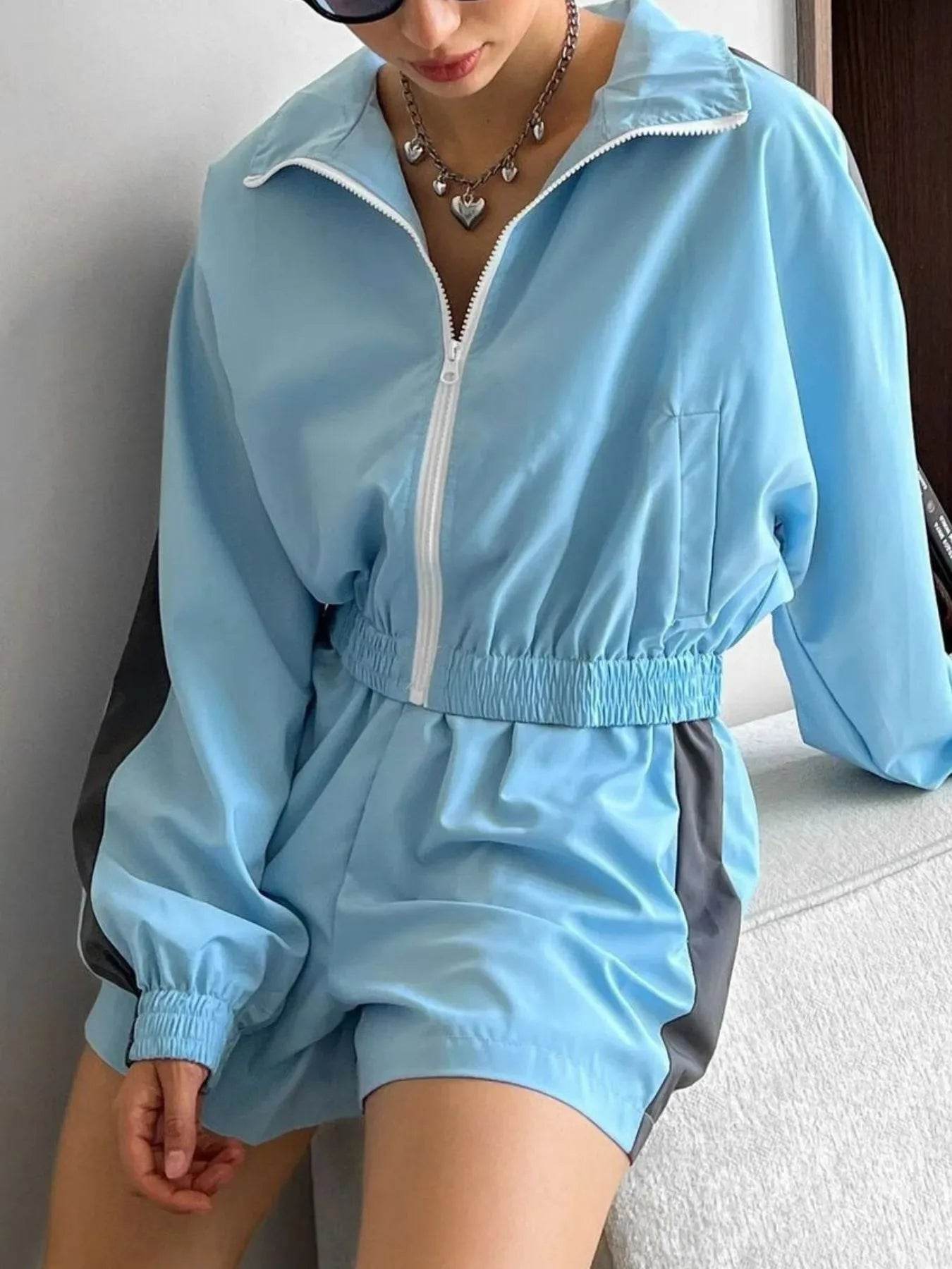 Zip Up Long Sleeve Jacket and Shorts Set - Tredona LLC