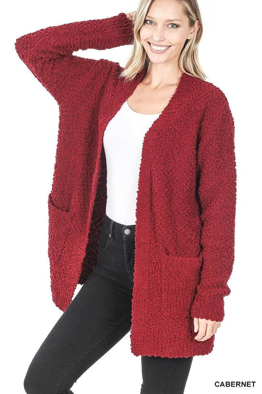 Zenana Long Sleeve Popcorn Sweater Cardigan with Pockets - Tredona LLC