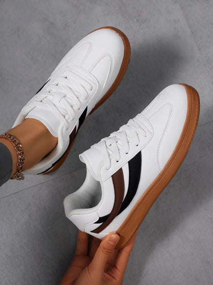 Lace Up Flat Sneakers with Stripe Accent - Tredona LLC