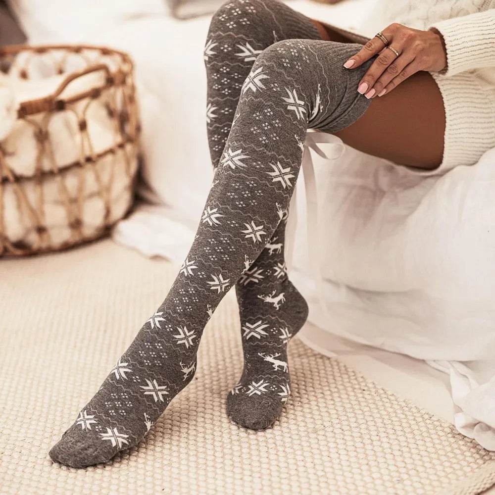 Christmas Element Bowknot Ribbed Trim Over Knee Stockings - Tredona LLC