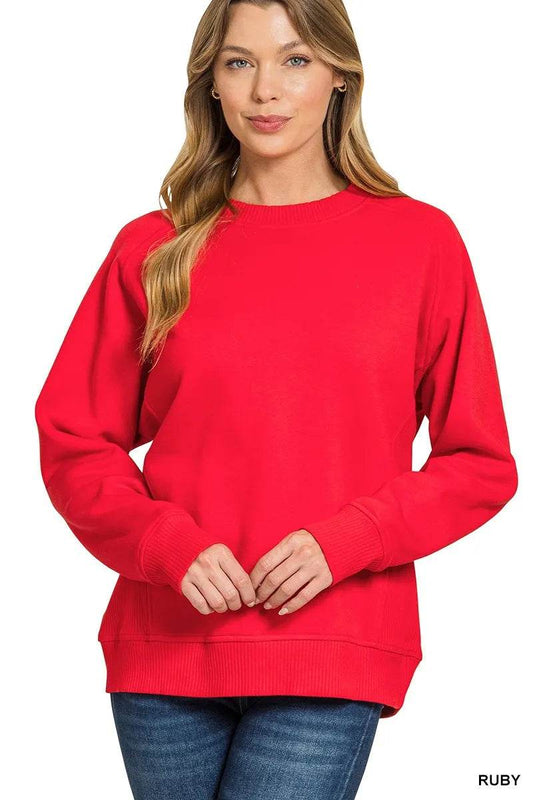 Zenana Fleece Round Neck Ribbed Side Raglan Sweatshirt - Tredona LLC