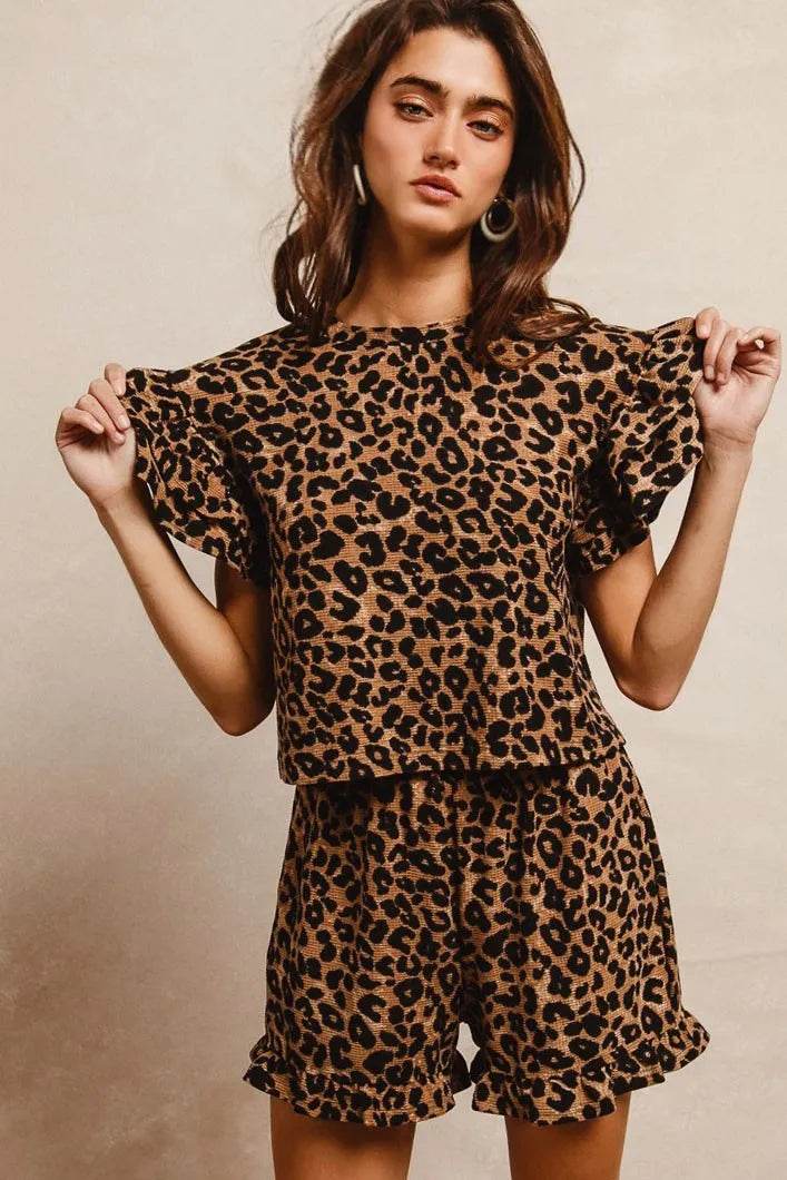 BiBi Leopard Print Waffle Texture Layered Ruffle Sleeve Top and Shorts Set - Tredona LLC