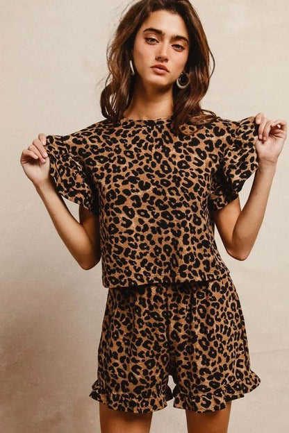 BiBi Leopard Print Waffle Texture Layered Ruffle Sleeve Top and Shorts Set - Tredona LLC
