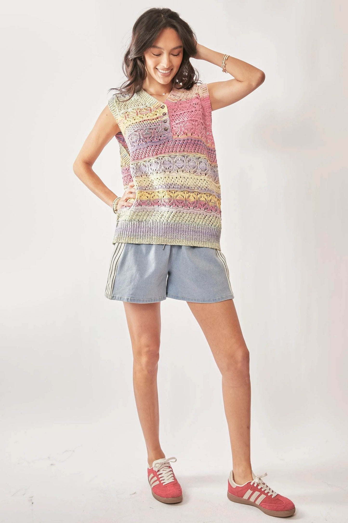 Davi & Dani Multi Color Crochet Sleeveless Knit Vest Top - Tredona LLC