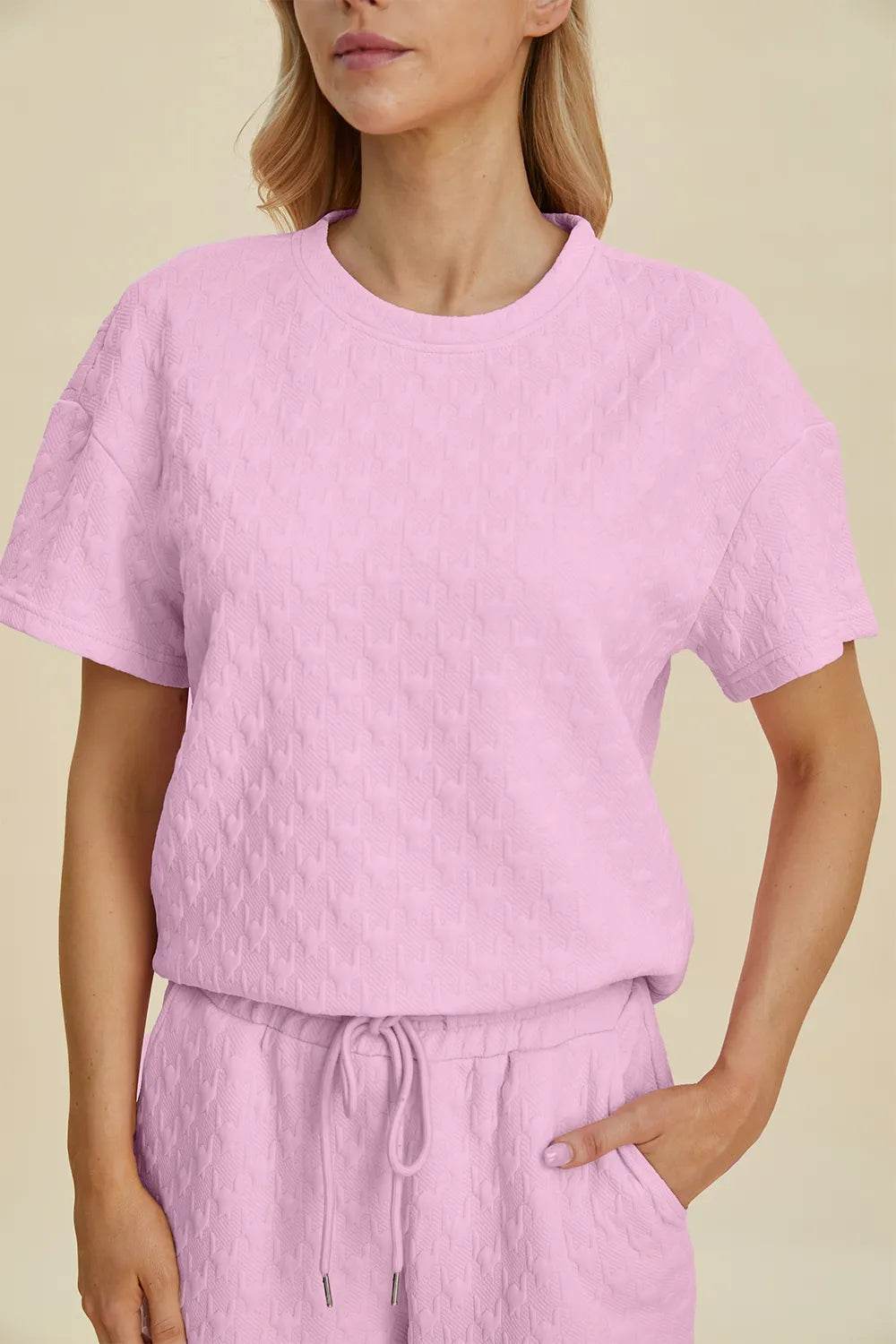 Double Take Full Size Texture Round Neck Short Sleeve Top and Pants Set - Tredona LLC
