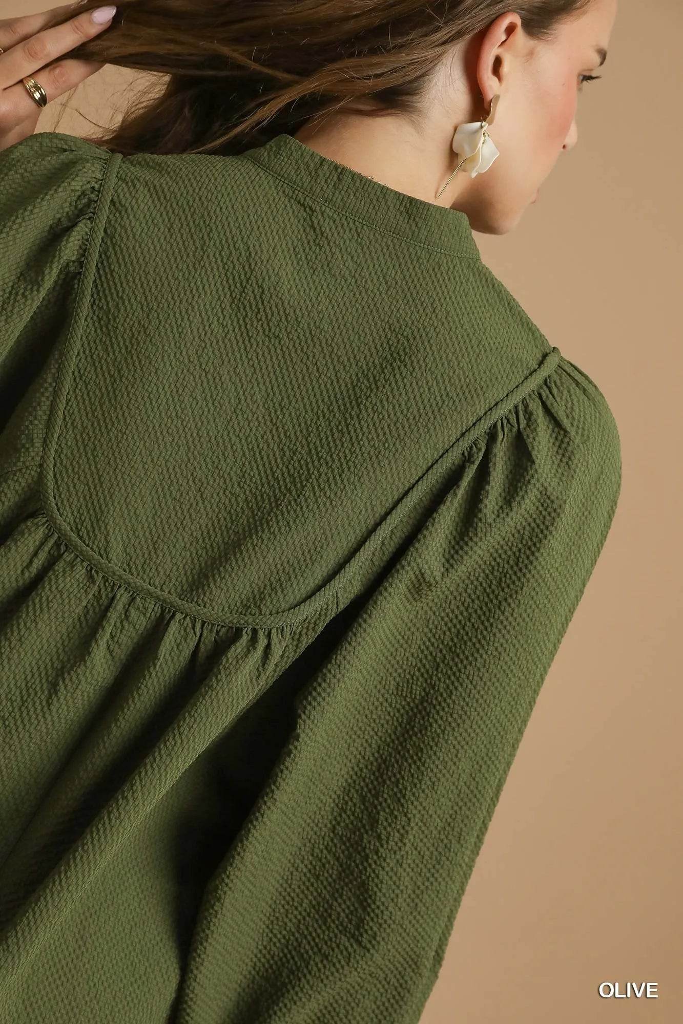 Umgee Textured Notched Blouse with Balloon Sleeves - Tredona LLC
